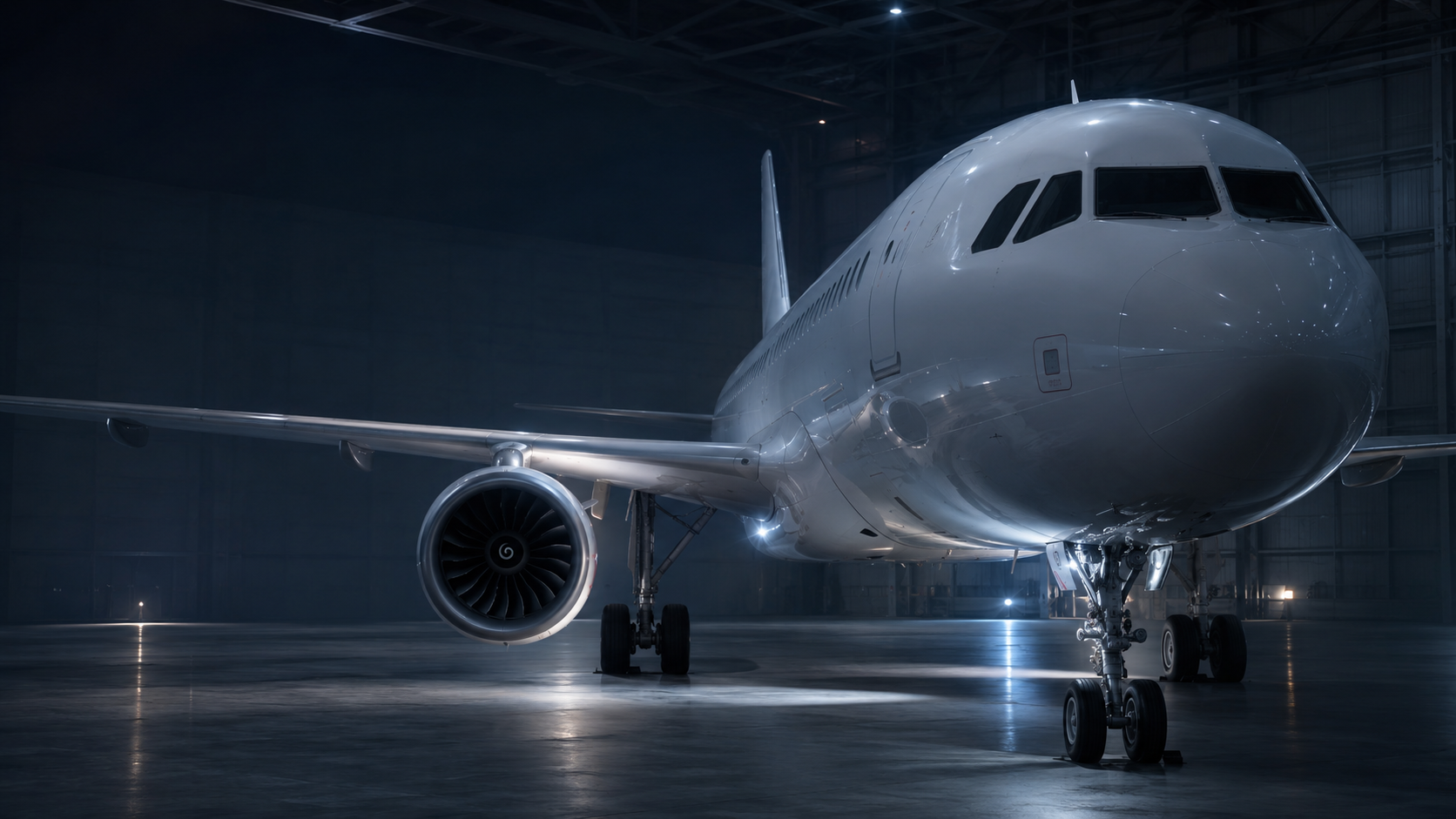 Airbus A320 stationné dans un hangar de maintenance faiblement éclairé
